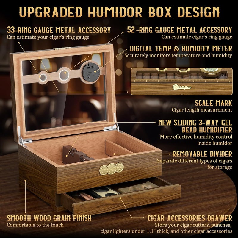 LIHTUN Cigar Humidor, Glass Top Desktop Cigars Case with Digital Hygrometer, Humidifier, Cigar Accessories Drawer and Measuring Scale, Cigars Humidors Box for Men Gift - Image 2